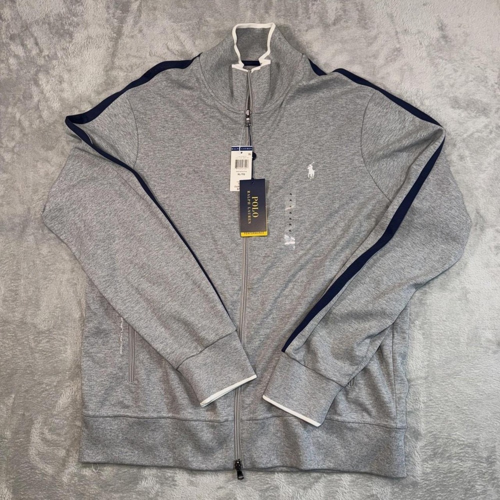 Polo Ralph Lauren Men's Full Zip Gray Sweater Navy Stripes Size XL
